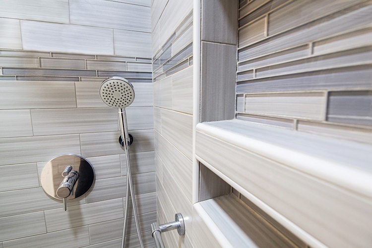 Chrome Showerhead Tile Wall Built In Shelf Gray Tiles Remodeled By Aladdin Carpet Gaithersburg Md