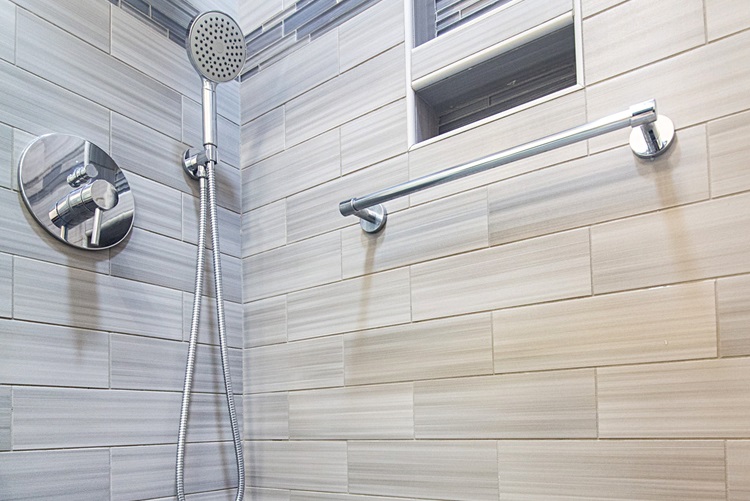 Gray Tiled Shower With Built In Niche Silver Fixtures Remodeled By Aladdin Carpet Gaithersburg Md