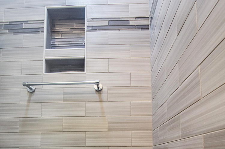 Gray Tiled Shower With Built In Niche Towel Bar Remodeled By Aladdin Carpet Gaithersburg Md