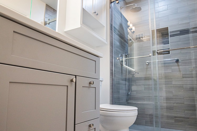 Gray Vanity Mirror Light Cabinet Toilet Glass Shower Gray Tile Wall Remodeled By Aladdin Carpet Gaithersburg Md
