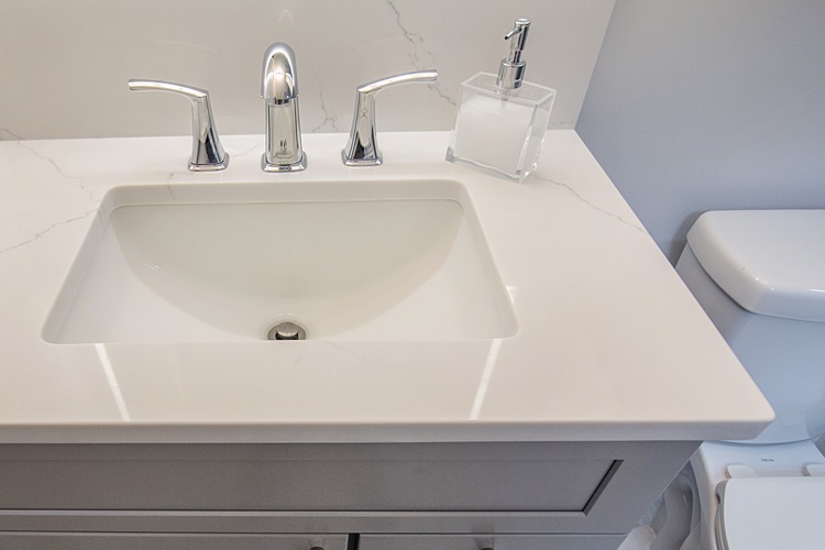 White Sink Chrome Faucet Gray Vanity White Quartz Countertop Remodeled By Aladdin Carpet Gaithersburg Md
